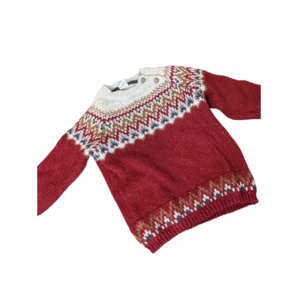 H&M Sweater Boys 12-18 Months Red Fair Isle Knit Button Shoulder Pullover Winter